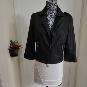 Cache frosted denim Black  moto jacket with zipper accents pu leather